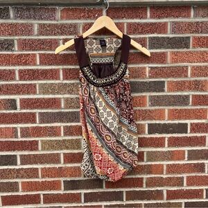Wrapper Brown Orange and Cream Patterned Beaded Halter Scoop Neck Tank Top